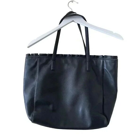 Kate Spade New York Logo Black Leather Tote Double Handles Shoulder Bag Ruffle - Picture 6 of 16